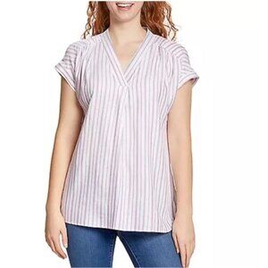 Nine West pink white stripe v-neck cap sleeve woven popover blouse top S